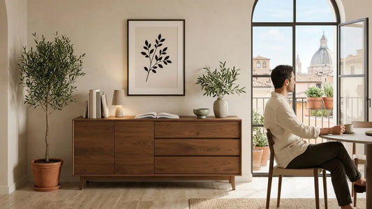 Italian-inspired interior with a wooden sideboard beside a dining area, highlighting sideboard placement and design