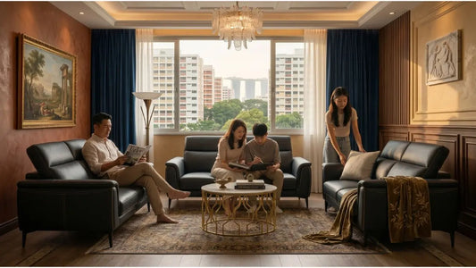 Family relaxing in an Italian modern living room with black leather sofas, warm wood panels, and elegant home styling