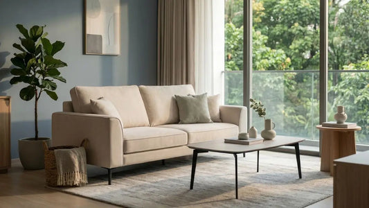 Italian modern living room with beige sectional sofa, warm timber coffee table, olive accents, and soft natural daylight