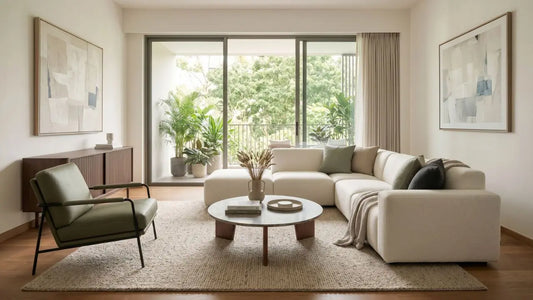 Italian modern living room with cream sectional sofa, green armchair, round coffee table, sideboard, plants, and balcony light.