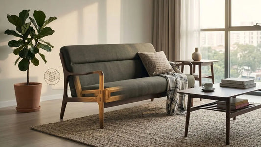 Kiln-dried hardwood frame sofa in a calm Singapore living room with green fabric upholstery and warm wood arms