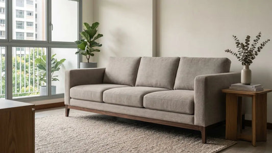 Beige three-seater sofa with exposed wooden base in a bright Singapore apartment living room