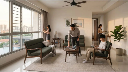 Family living room with green wood frame sofas, showing durable kiln-dried furniture designed to prevent warping in Singapore humidity