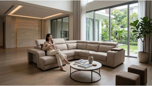 Woman relaxing on a large sectional sofa in a bright landed home living room with floor-to-ceiling windows