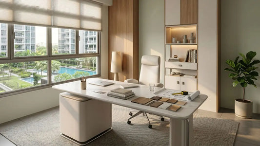 Spacious condo home office with a large study table, built-in shelves, material samples, and warm natural light.