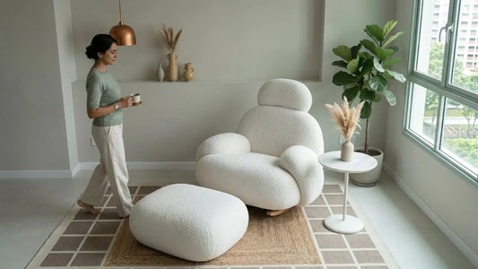 Large upholstered ottoman beside a white accent chair in a bright Singapore living room corner