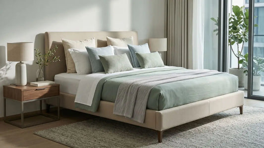 Layered bedding with breathable sheets, light pillows, and a soft green throw in a warm Singapore bedroom