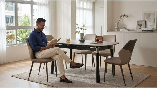 Man reading beside leather dining chairs in a bright Singapore home, showing everyday use and long-term chair comfort