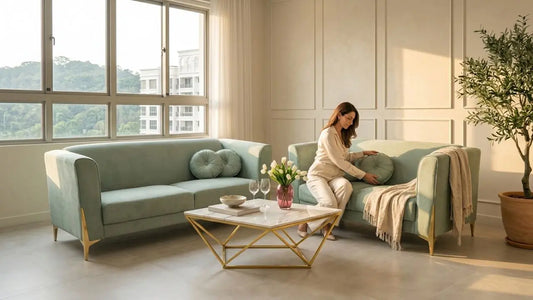 Light green sofas with slim gold legs in an elegant living room showing how raised sofa bases improve cleaning access and style