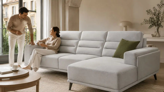 Light grey chaise sofa in an Italian-inspired living room showing supportive foam density and cushion structure