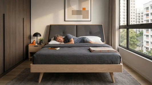 Light wood slatted bed frame with grey upholstered headboard in a modern HDB bedroom