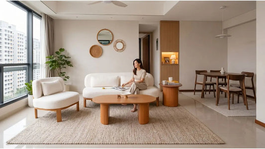Open-plan Singapore living and dining room with correctly sized rugs defining each furniture zone