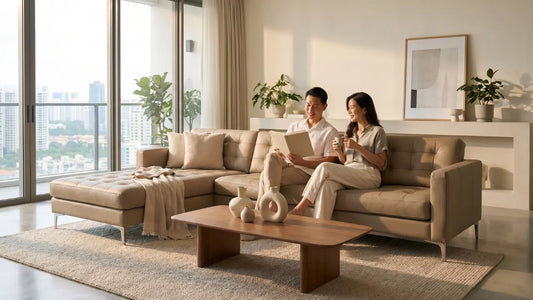 Living room furniture refreshed with cushions, throws, and a well-proportioned rug