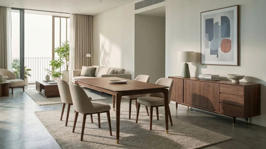 Open-plan Singapore living room with walnut sideboard, dining table, sofa, and coffee table storage for reducing clutter
