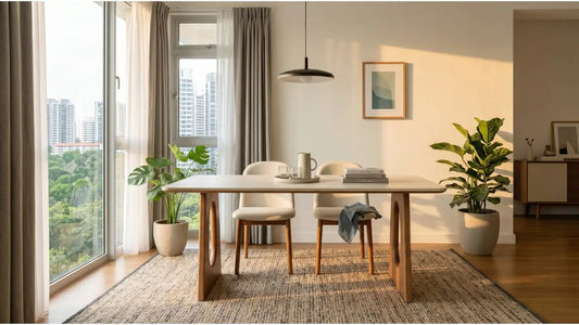 Long timber dining table with soft modern chairs, warm daylight, rug, and indoor plants in a Singapore home.