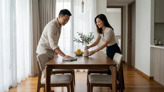 Wooden dining table being wiped with a soft cloth after daily use