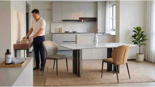Man preparing marble sealer for a marble dining table in a bright Singapore home dining area.