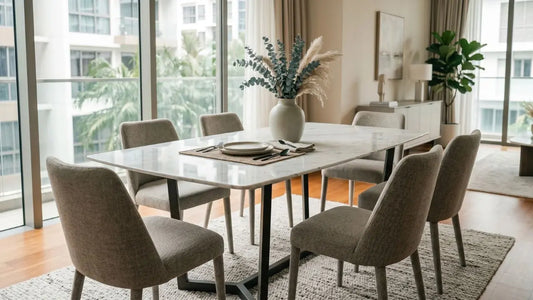 Marble-look dining table with upholstered chairs in a bright Singapore condo dining area