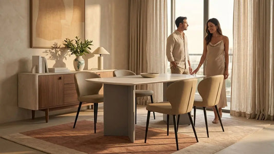Modern marble dining table with beige dining chairs in a refined Singapore apartment, showing a balanced matching dining set design