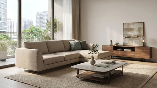 Modern European-inspired living room with fabric sofa, wood TV console, stone coffee table, and natural daylight in a Singapore apartment