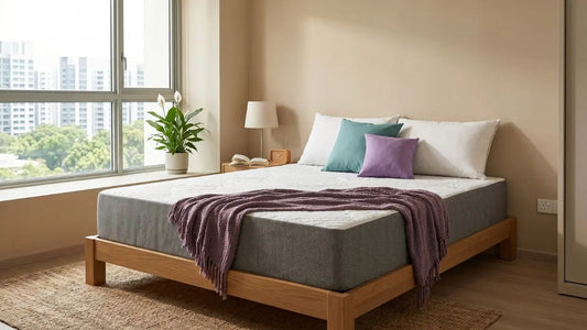 Grey mattress on wooden bed frame in a bright Singapore bedroom, showing a calm setup for choosing mattress firmness by sleep style