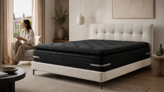 Italian-inspired bedroom with a black layered foam mattress on a cream upholstered bed frame, styled for Esteller’s mattress foam layers guide
