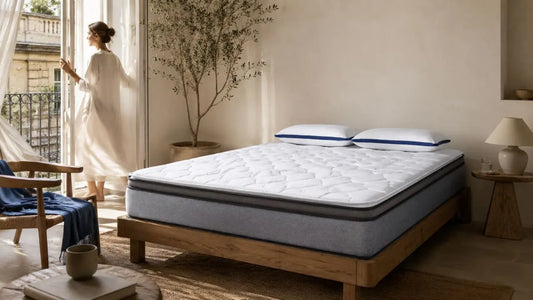 Italian-inspired bedroom with a white quilted mattress airing near an open window to reduce mattress off-gassing.