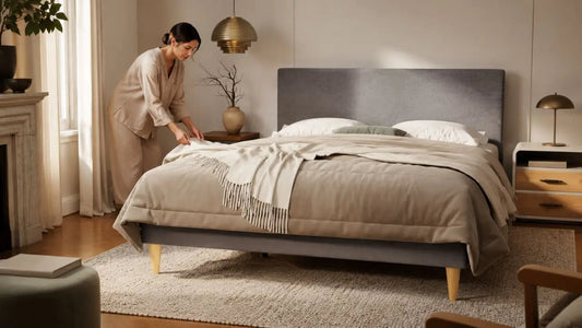 Modern upholstered bed with neutral bedding in an Italian-inspired bedroom, styled for a guide on when to use a mattress protector