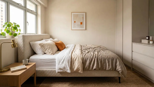 Queen mattress in a compact HDB bedroom showing practical side clearance, bedside table, wardrobe space, and warm natural daylight.