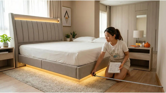 Homeowner measuring bedroom clearance before buying an upholstered bed frame for a Singapore HDB room
