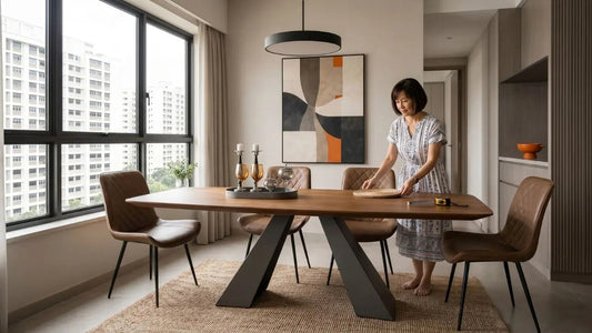 Woman measuring a rectangular dining table in a modern Singapore HDB dining area with four chairs