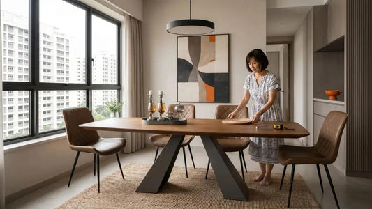 Woman measuring a rectangular dining table in a modern Singapore HDB dining area with four chairs