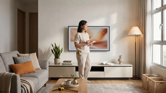 Homeowner measuring and planning TV console size in a modern Singapore living room with a wall-mounted TV and storage console.