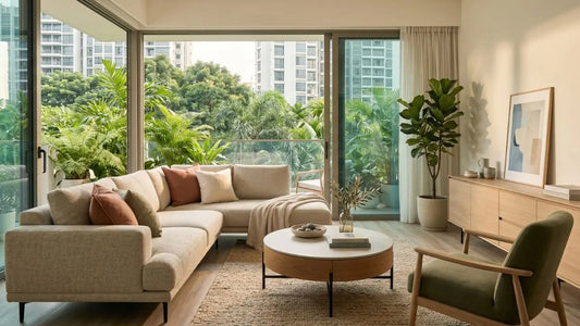Mediterranean-inspired tropical condo living room with warm neutral sofa, timber coffee table, indoor plants, sheer curtains, and balcony greenery