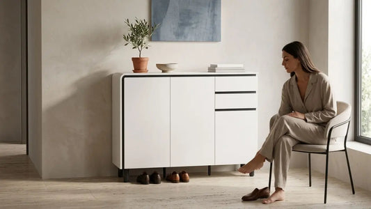 Modern white shoe cabinet for an HDB entryway with seating, mirror, and storage for a compact Singapore home