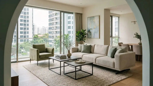 Modern contemporary living room in a Singapore condo with neutral sofa, green armchair, layered coffee tables, soft rug, and city-view windows