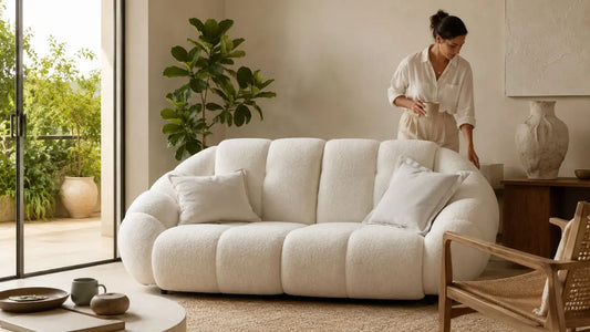 Cream boucle sofa in a modern contemporary Singapore condo living room with warm neutral styling