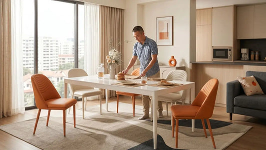 Modern dining chairs paired with a white dining table in a Singapore home with warm open-plan styling