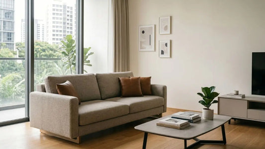 Modern fabric sofa in a bright Singapore condo living room with coffee table and TV console
