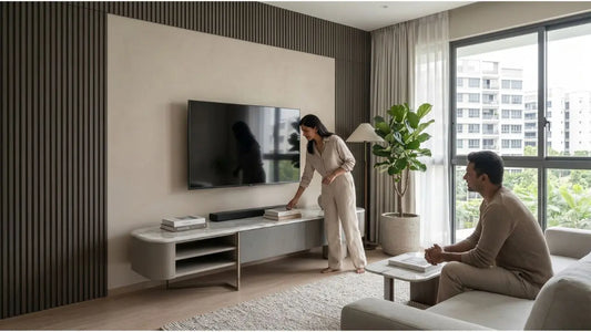 Modern feature wall with wall-mounted TV, low storage console, and vertical panel detail in a Singapore condo