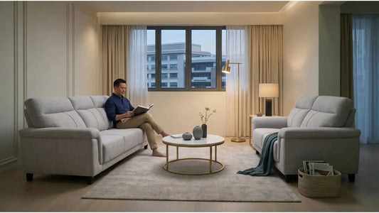 Modern living room with grey sofas, cove lighting, floor lamp, and warm task lighting for a calm refined interior
