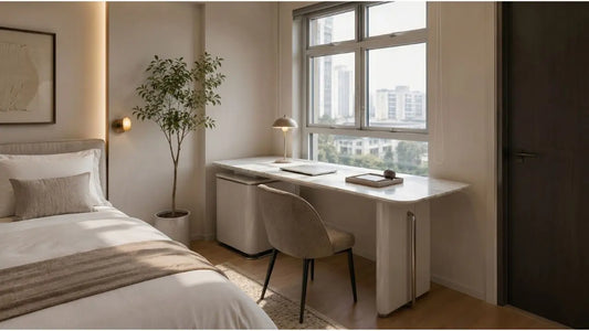 Modern marble desk beside bedroom window with study chair, plant, and city view
