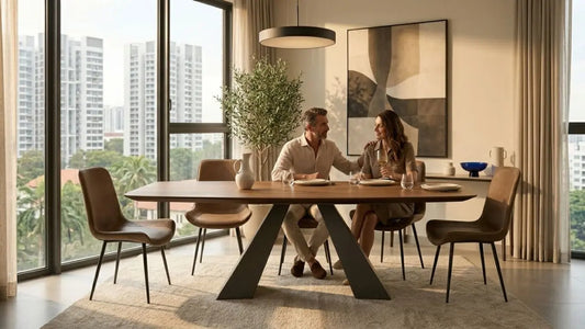 Modern Singapore condo dining room with coordinated wood table, leather chairs, and cohesive neutral styling