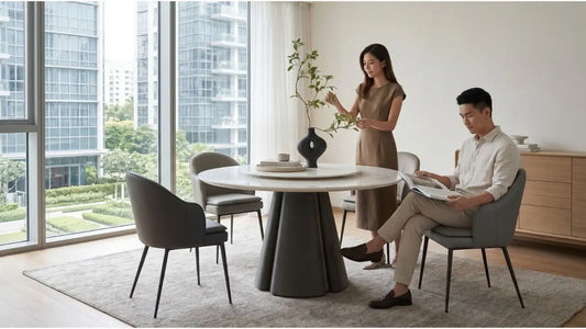 Modern Singapore condo dining room with round table, powder-coated pedestal base, and upholstered chairs.