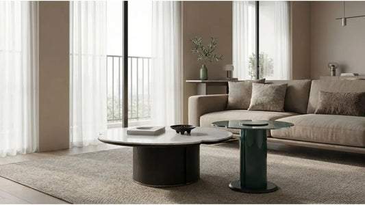 Modern Singapore living room with tempered glass coffee table, beige sofa and soft daylight