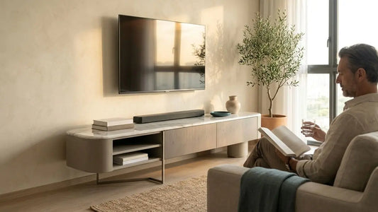 Modern TV console for wall-mounted television in an Italian-inspired living room with marble top and neutral interior styling
