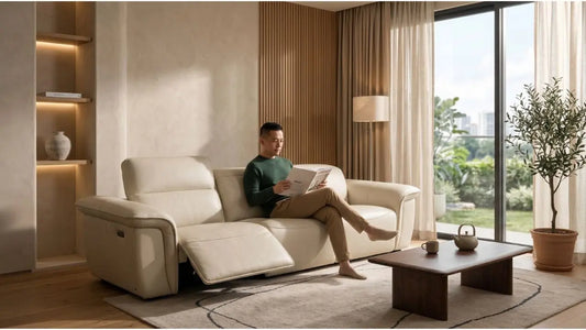 Modern warm minimalist living room with cream recliner sofa, wood coffee table and soft lighting