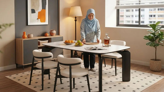 Modern white dining table with upholstered chairs in a cosy Singapore dining room