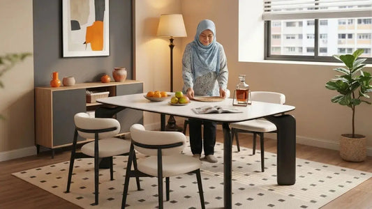 Modern white dining table with upholstered chairs in a cosy Singapore dining room