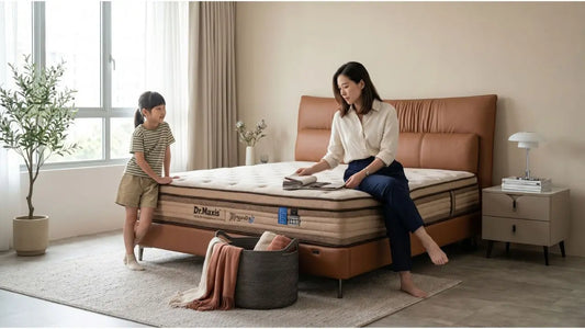 Mother checking a Dr Maxis child mattress with breathable bedding in a Singapore bedroom